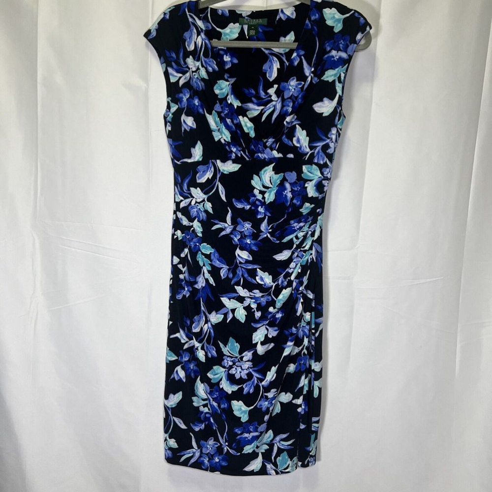 Lauren Ralph Lauren V-Neck Faux Wrap Blue Floral Print Jersey Dress Sz 10